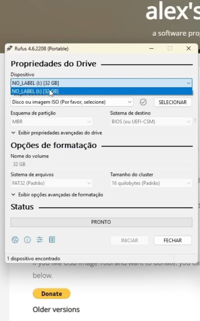 selecionando o MicroSD no Rufus