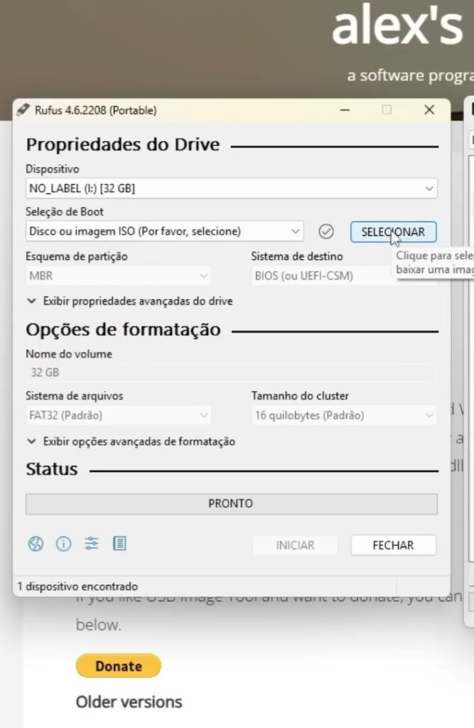 selecionando a opção selecionar