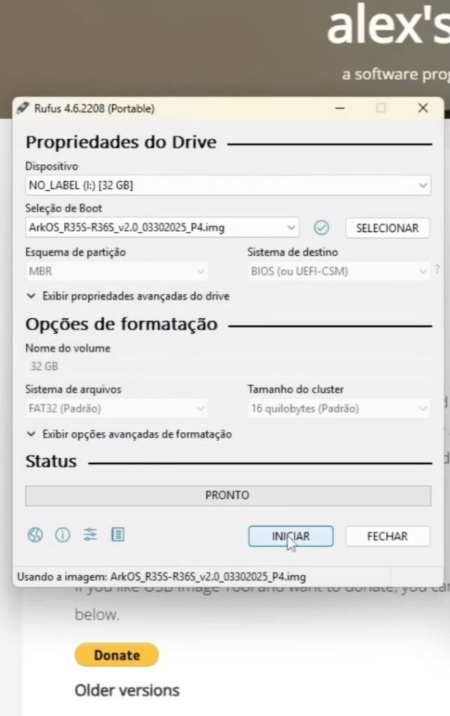 finalizando o processo no rufus