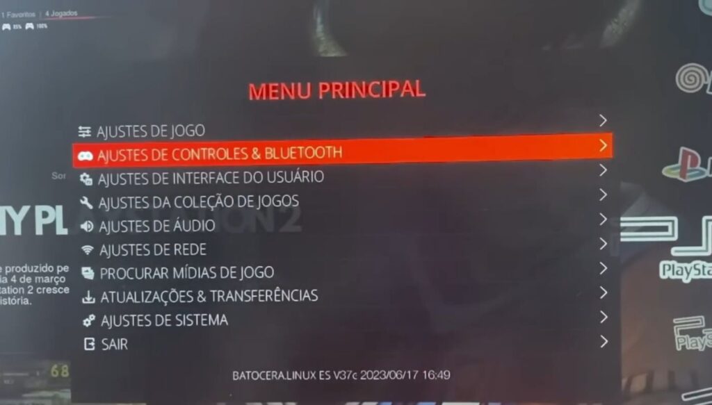 selecionando a opção "Ajuste de Controles e Bluetooth"