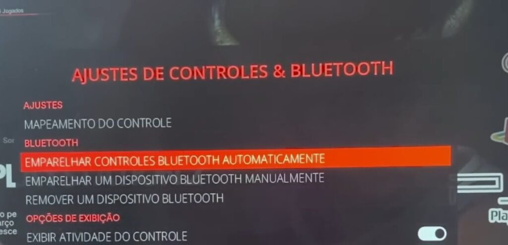 depois selecionando a opção "Emparelhar Controles Bluetooth automaticamente" para conectar o controle Data Frog S80