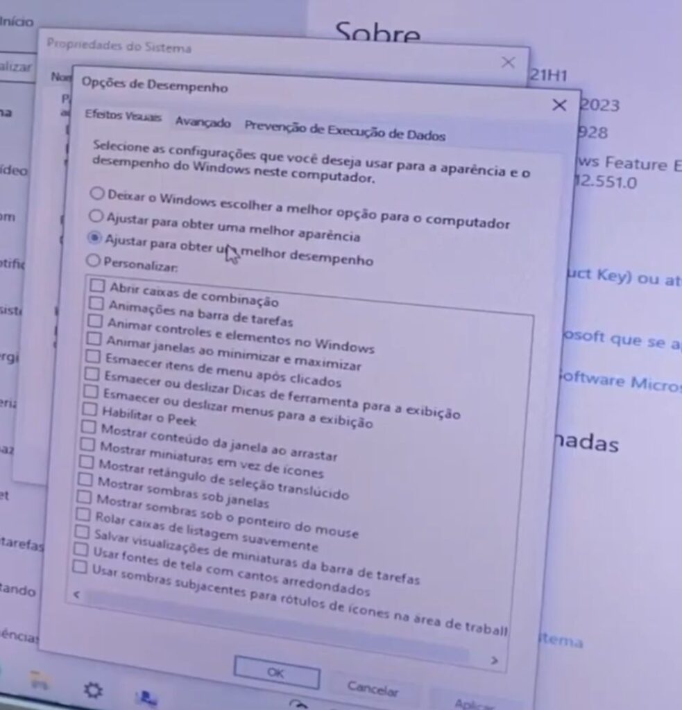 selecionando a opção "ajustar para obter um melhor desempenho"